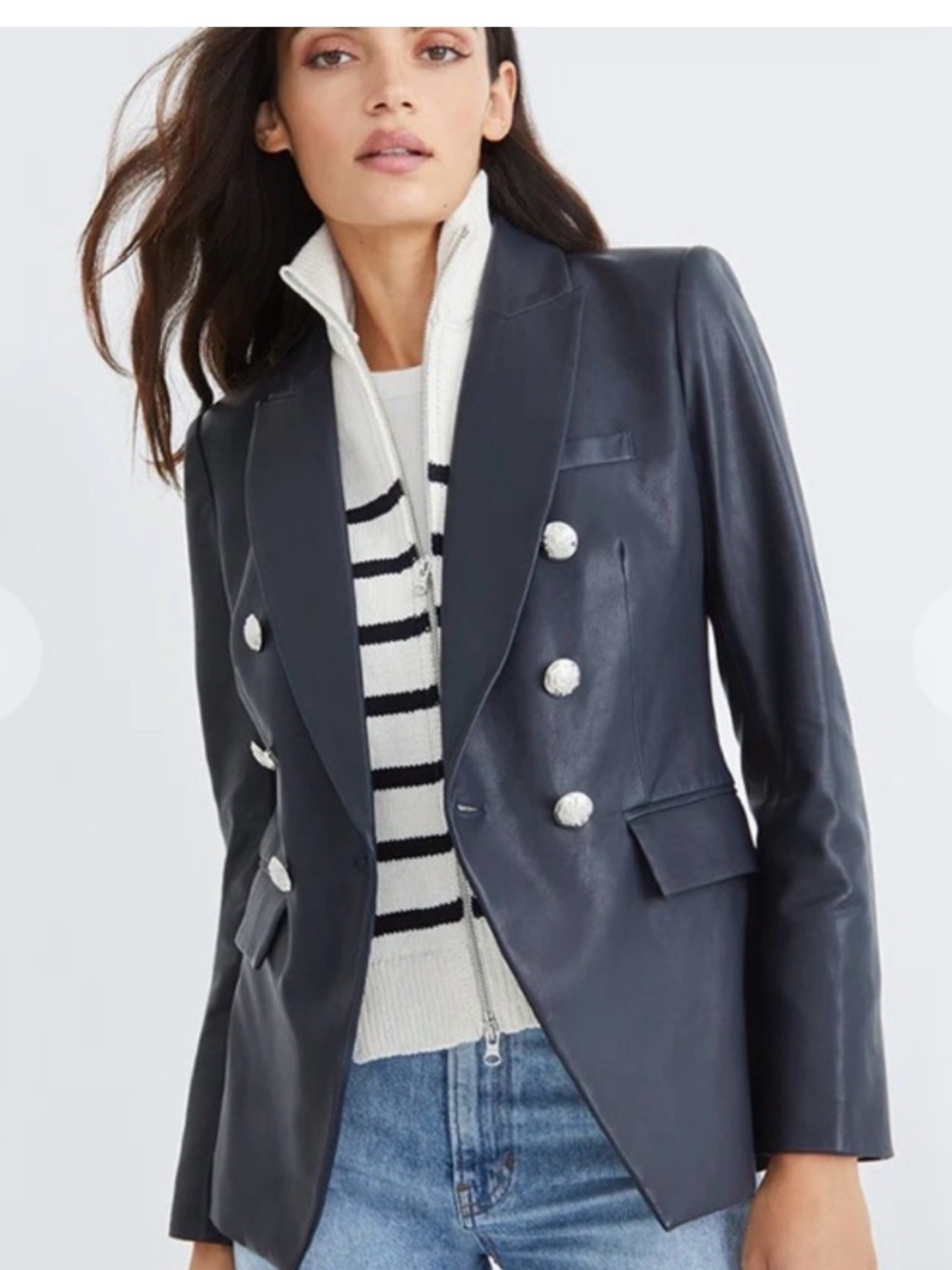 Veronica Beard Navy Double-Breasted Leather Blazer with Silver Buttons
